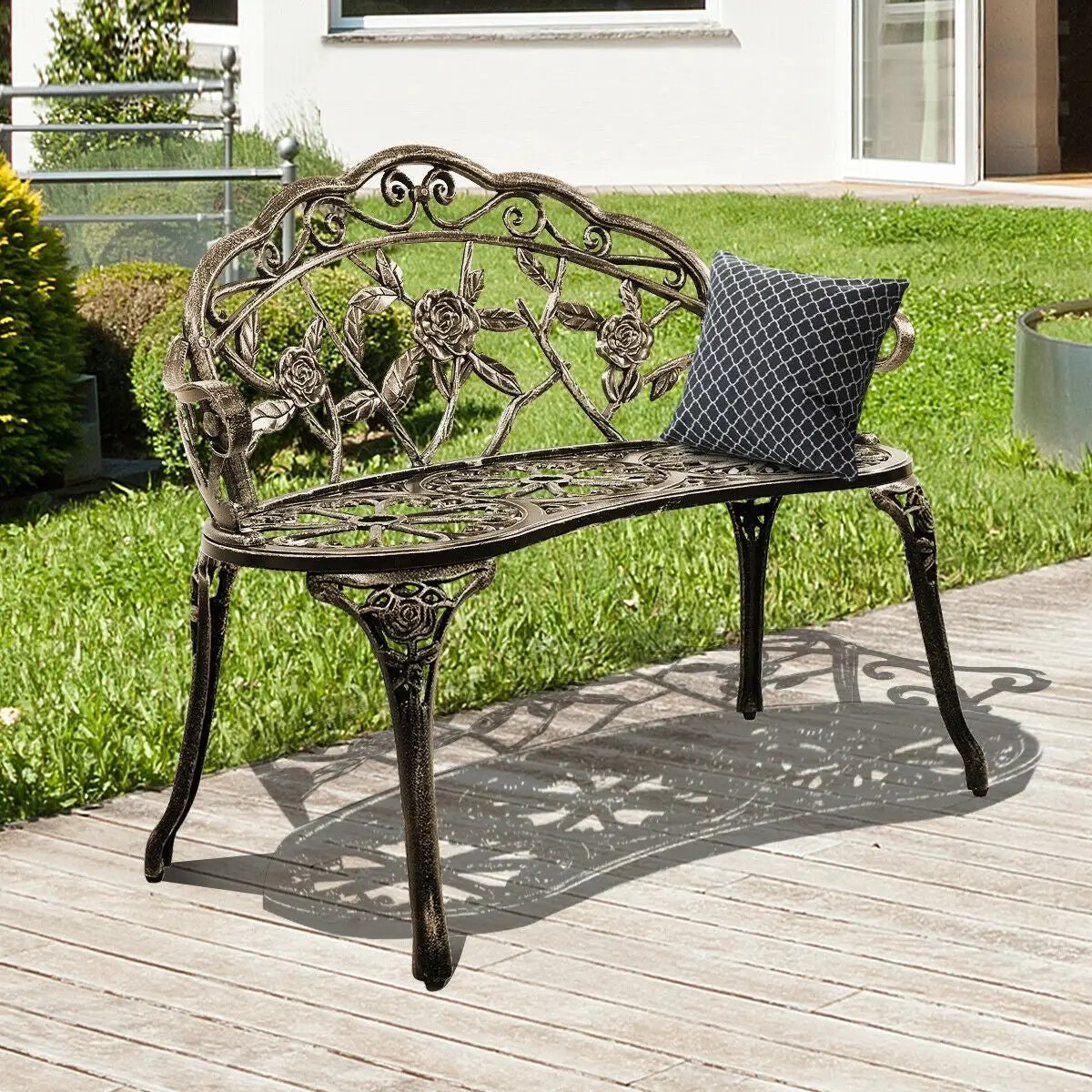 Outdoor Cast Aluminum Patio Bench Antique Rose by DirectDeals