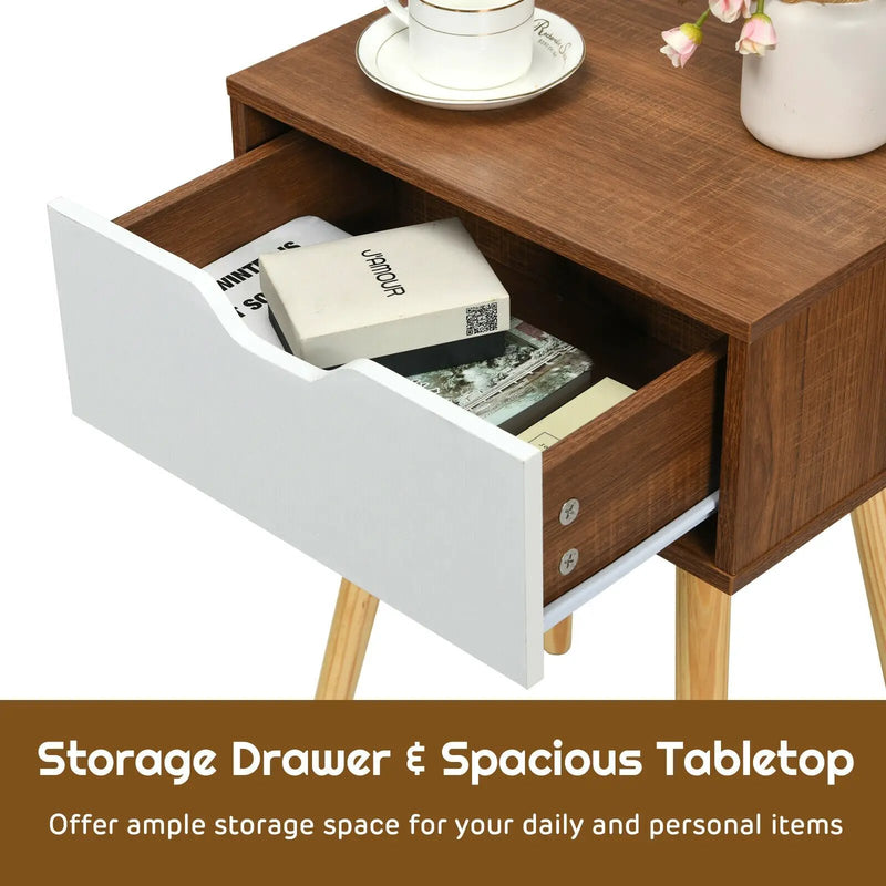 End Side Storage Drawer Nightstand with Solid Wooden Leg by DirectDeals