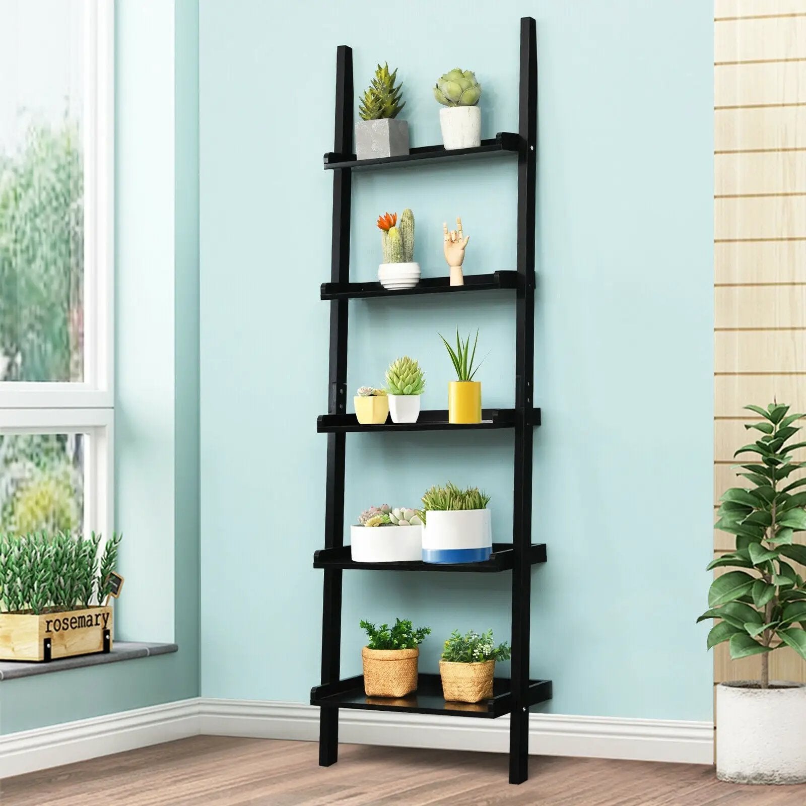 5-Tier Wall-leaning Ladder Shelf Display Rack for Plants and Books by DirectDeals