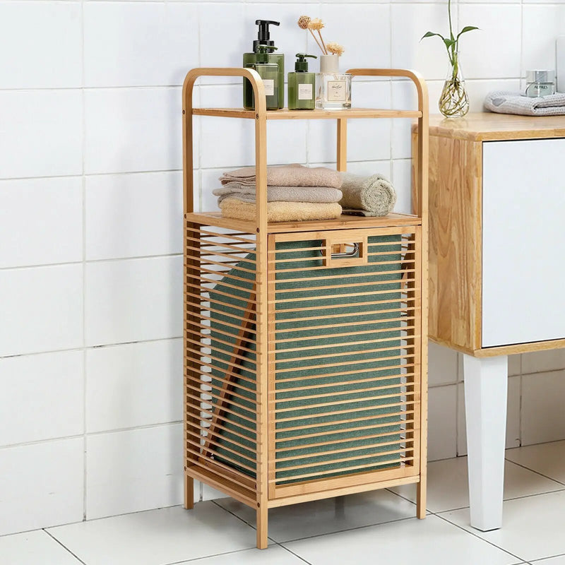 Tilt-out Bamboo Laundry Hamper with 2-Tier Shelf and Removable Liner-Natural by DirectDeals