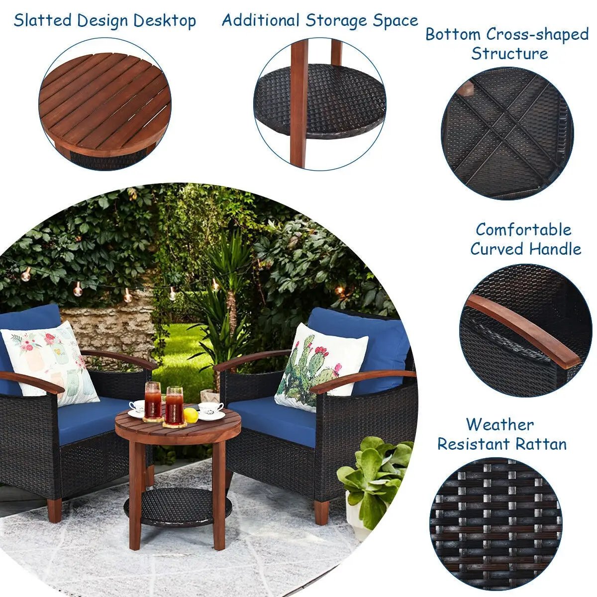 3 Pieces Patio Rattan Furniture Set with Washable Cushion and Acacia Wood Tabletop by DirectDeals