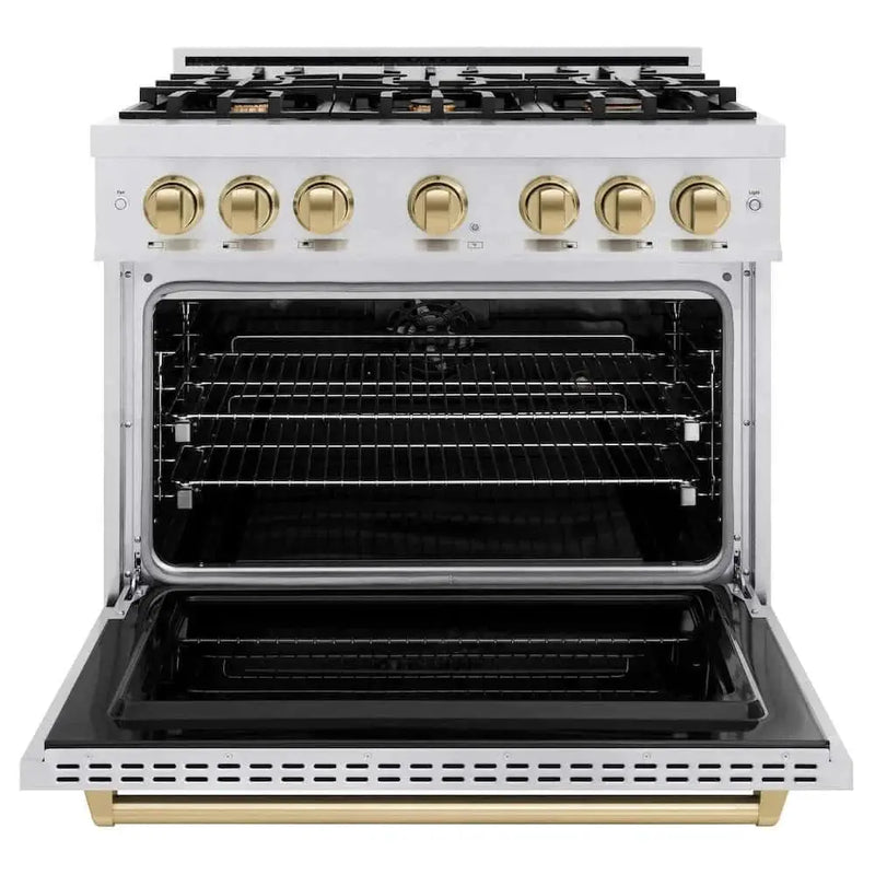 ZLINE 36" Classic Gas Range, Convection Gas Oven DuraSnow® Stainless Steel, Champagne Bronze CGRSZ-36-CB by Farmhouse Kitchen and Bath