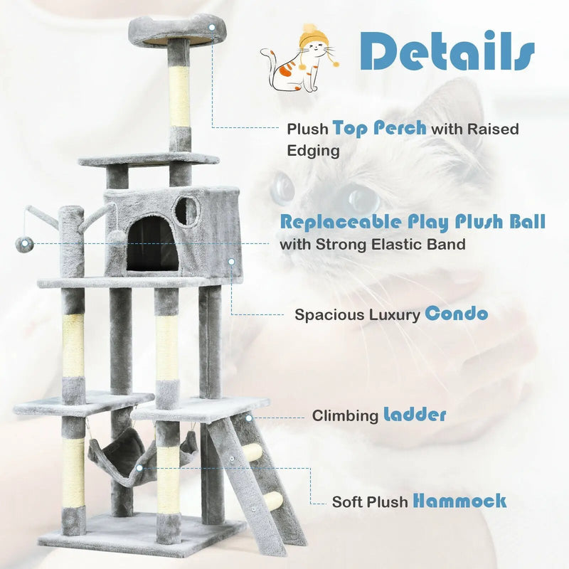 66 Inch Cat Tree Condo Kitten Multi-Level Activity Center-Gray by DirectDeals