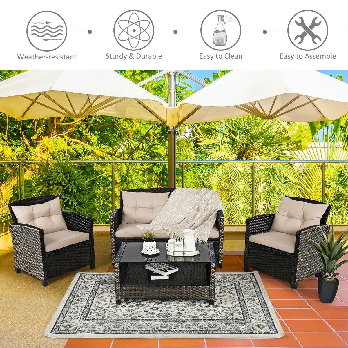 4 Pieces Outdoor Rattan Furniture Set with Glass Table by DirectDeals