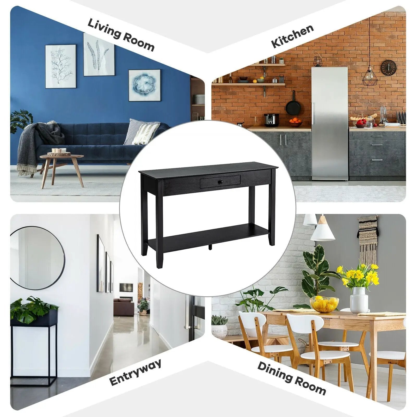 Console Sofa Side Accent Table with Drawer Shelf-Black by DirectDeals