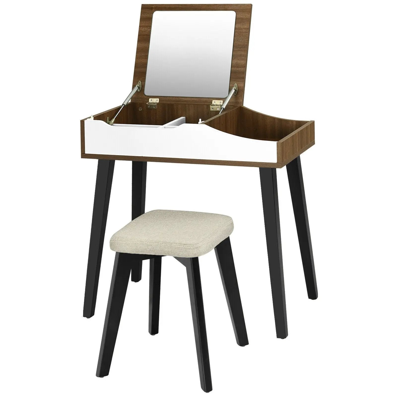 Vanity Table Set with Flip Top Mirror and Padded Stool-Brown by DirectDeals