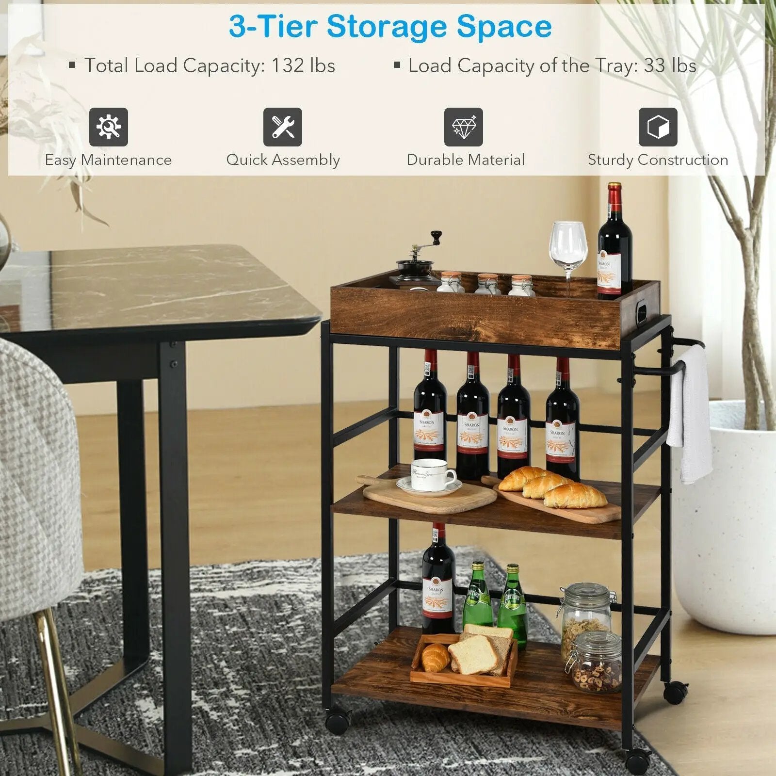 3-Tier Kitchen Serving Bar Cart with Lockable Casters and Handle Rack for Home Pub-Rustic Brown by DirectDeals