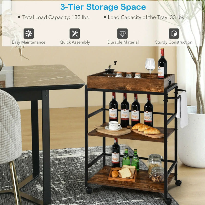3-Tier Kitchen Serving Bar Cart with Lockable Casters and Handle Rack for Home Pub-Rustic Brown by DirectDeals