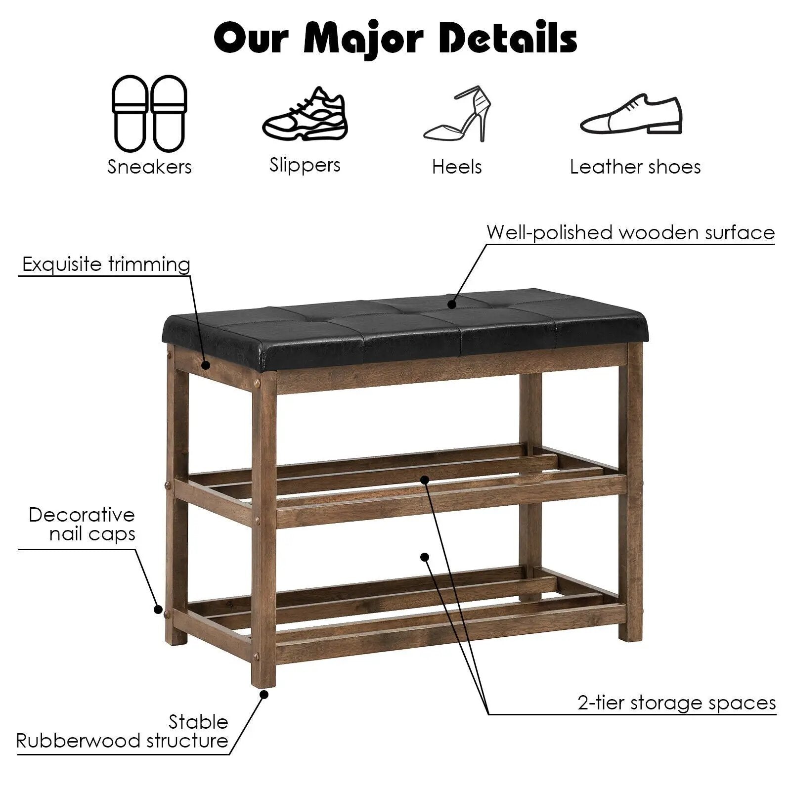 2-Tier Wooden Shoe Rack Bench with Padded Seat by DirectDeals