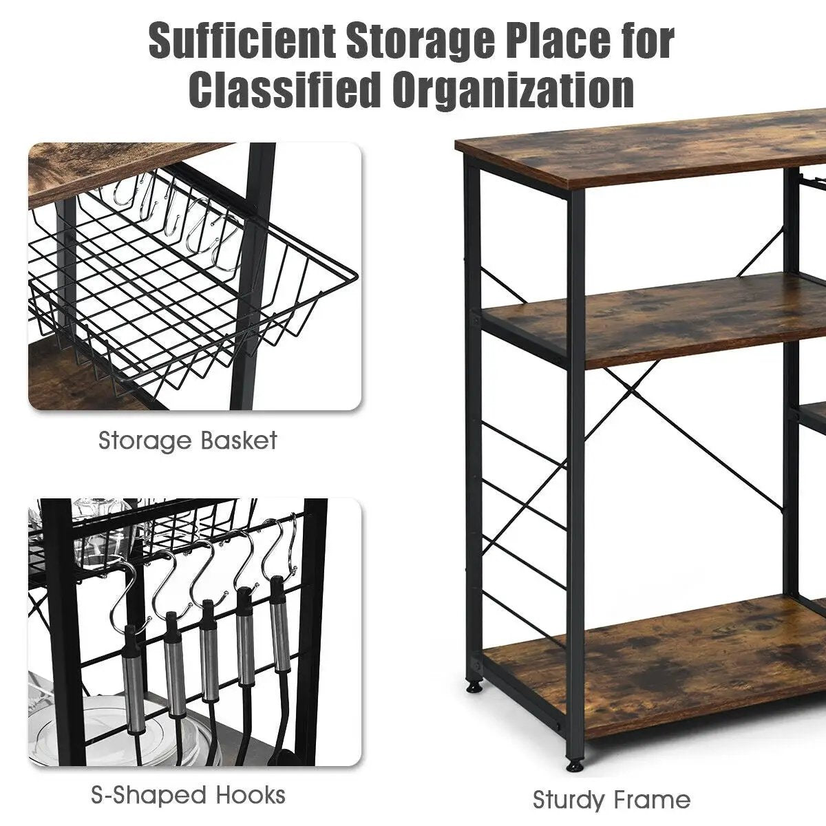 Industrial Kitchen Baker's Rack Microwave Shelf with 6 Hooks by DirectDeals