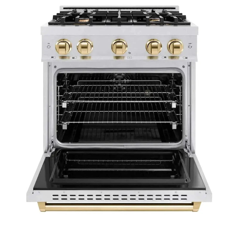 ZLINE 30" Dual Fuel Range, Gas Cooktop, Electric Convection Oven DuraSnow® Stainless Steel, Gold CDRSZ-30-G by Farmhouse Kitchen and Bath