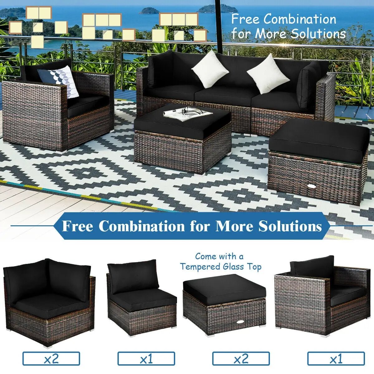 6 Pcs Patio Rattan Furniture Set with Sectional Cushion by DirectDeals