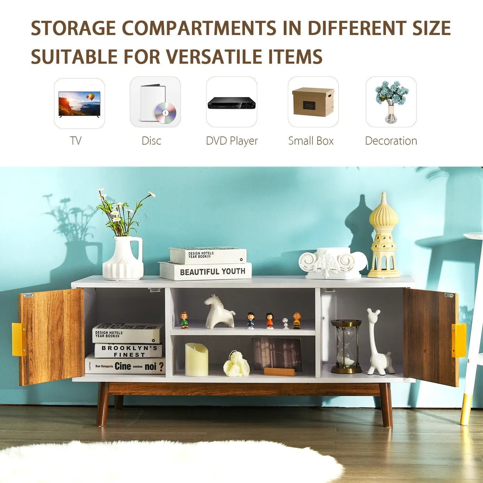 2 Door TV Stand with 2 Cabinets and Open Shelves for TVs up to 50 Inch TV by DirectDeals