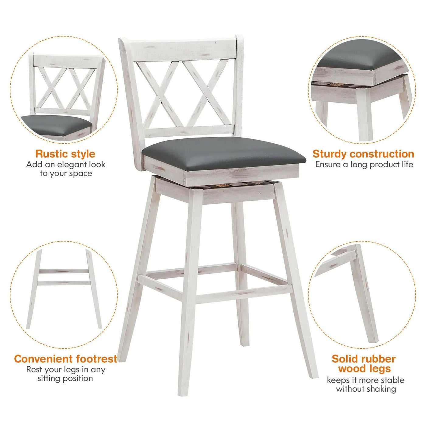 2 Pieces 29 Inches Swivel Counter Height Barstool Set with Rubber Wood Legs by DirectDeals