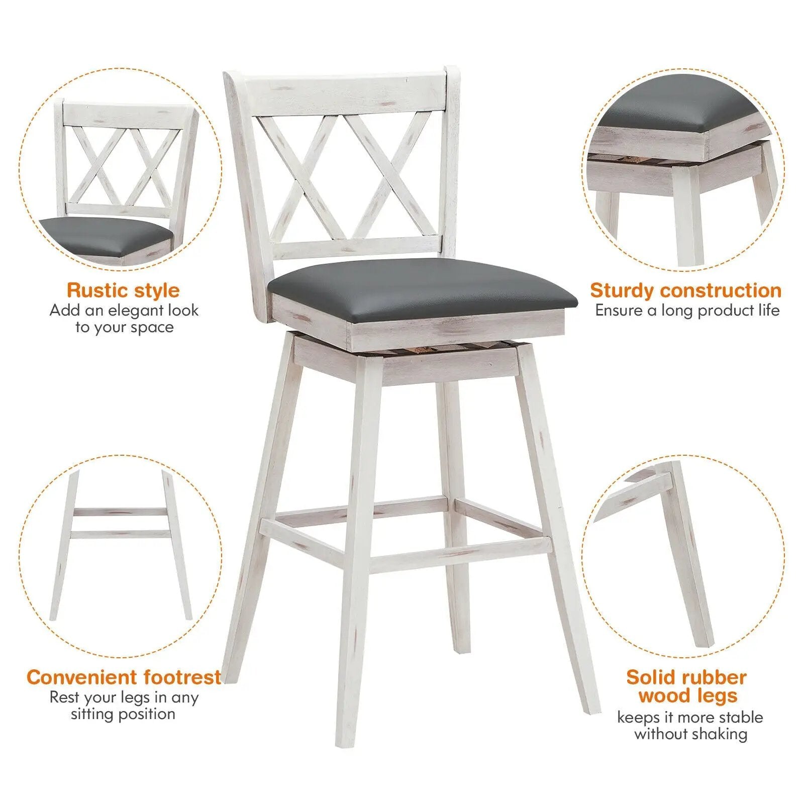 2 Pieces 29 Inches Swivel Counter Height Barstool Set with Rubber Wood Legs by DirectDeals