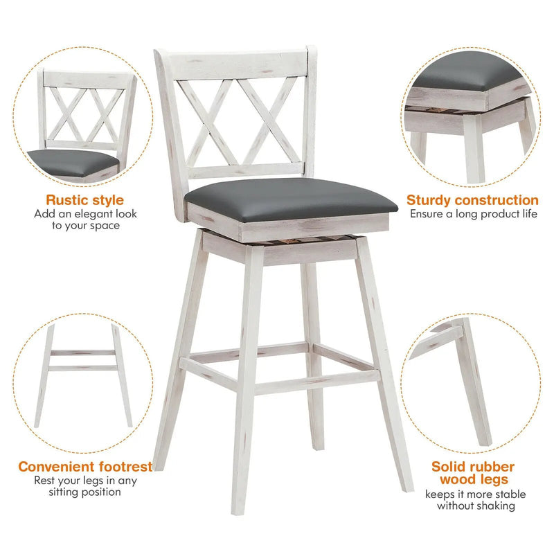 2 Pieces 29 Inches Swivel Counter Height Barstool Set with Rubber Wood Legs by DirectDeals