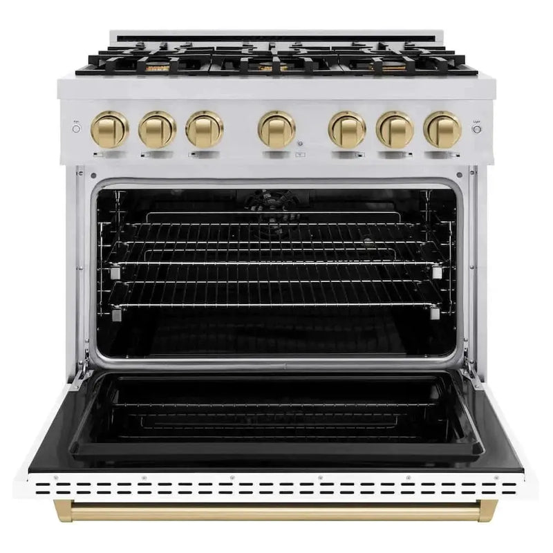 ZLINE 36" Dual Fuel Range, Gas Cooktop, Electric Convection Oven Stainless Steel, Matte White Door Polished Gold CDRZ-WM-36-G by Farmhouse Kitchen and Bath