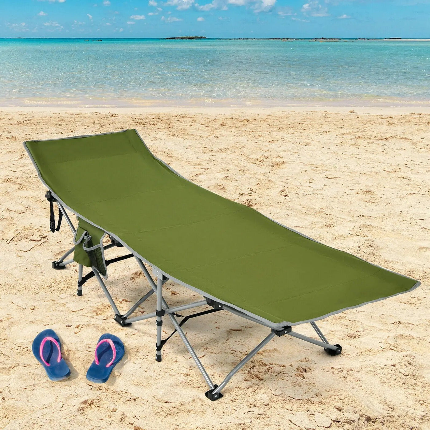 Folding Camping Cot with Side Storage Pocket Detachable Headrest by DirectDeals