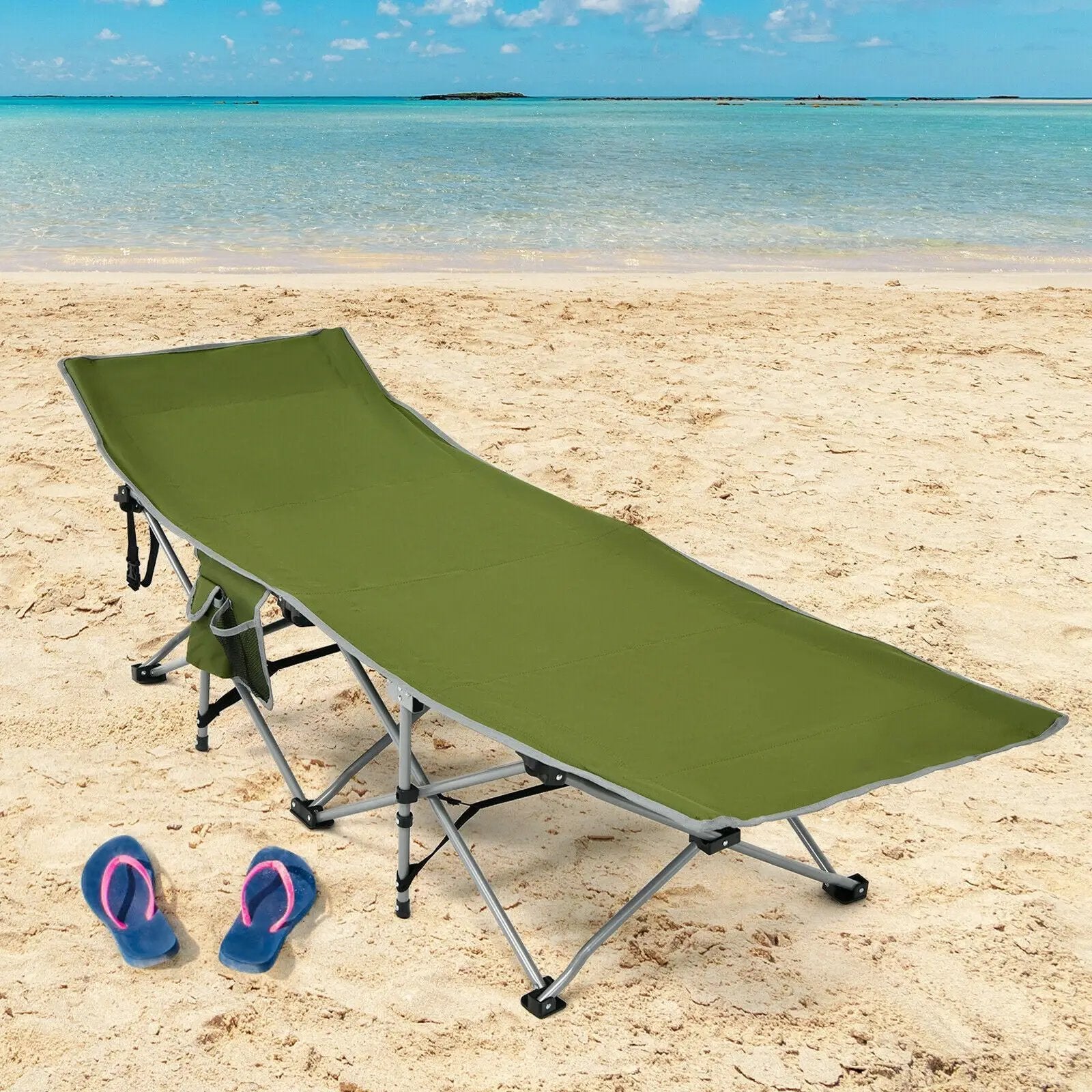 Folding Camping Cot with Side Storage Pocket Detachable Headrest by DirectDeals
