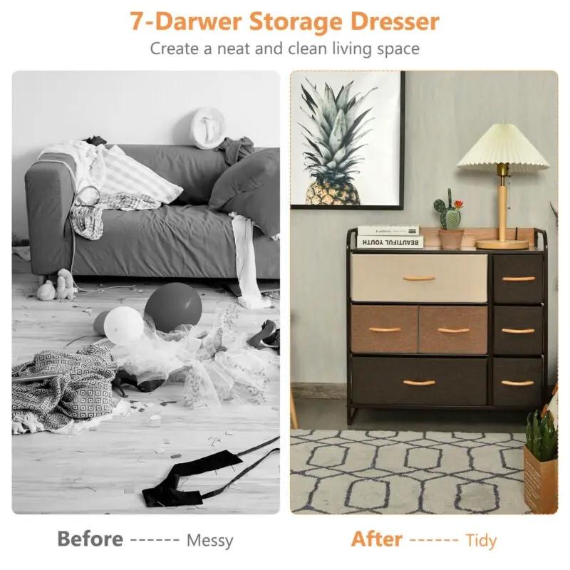 7 Drawer Tower Steel Frame and Wooden Top Dresser Storage Chest for Bedroom by DirectDeals