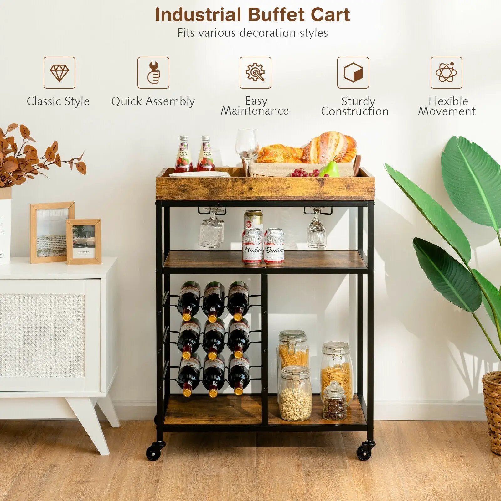 3-Tier Wood Rolling Kitchen Serving Cart with 9 Wine Bottles Rack Metal Frame-Rustic Brown by DirectDeals