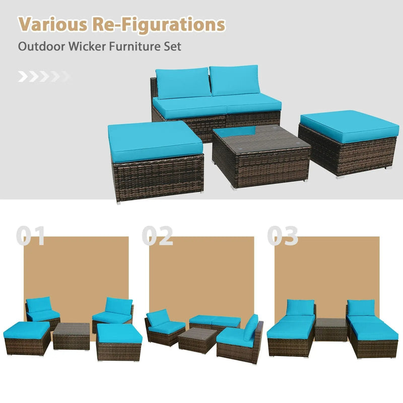 5 Pieces Patio Rattan Furniture Set with Cushioned Armless Sofa by DirectDeals