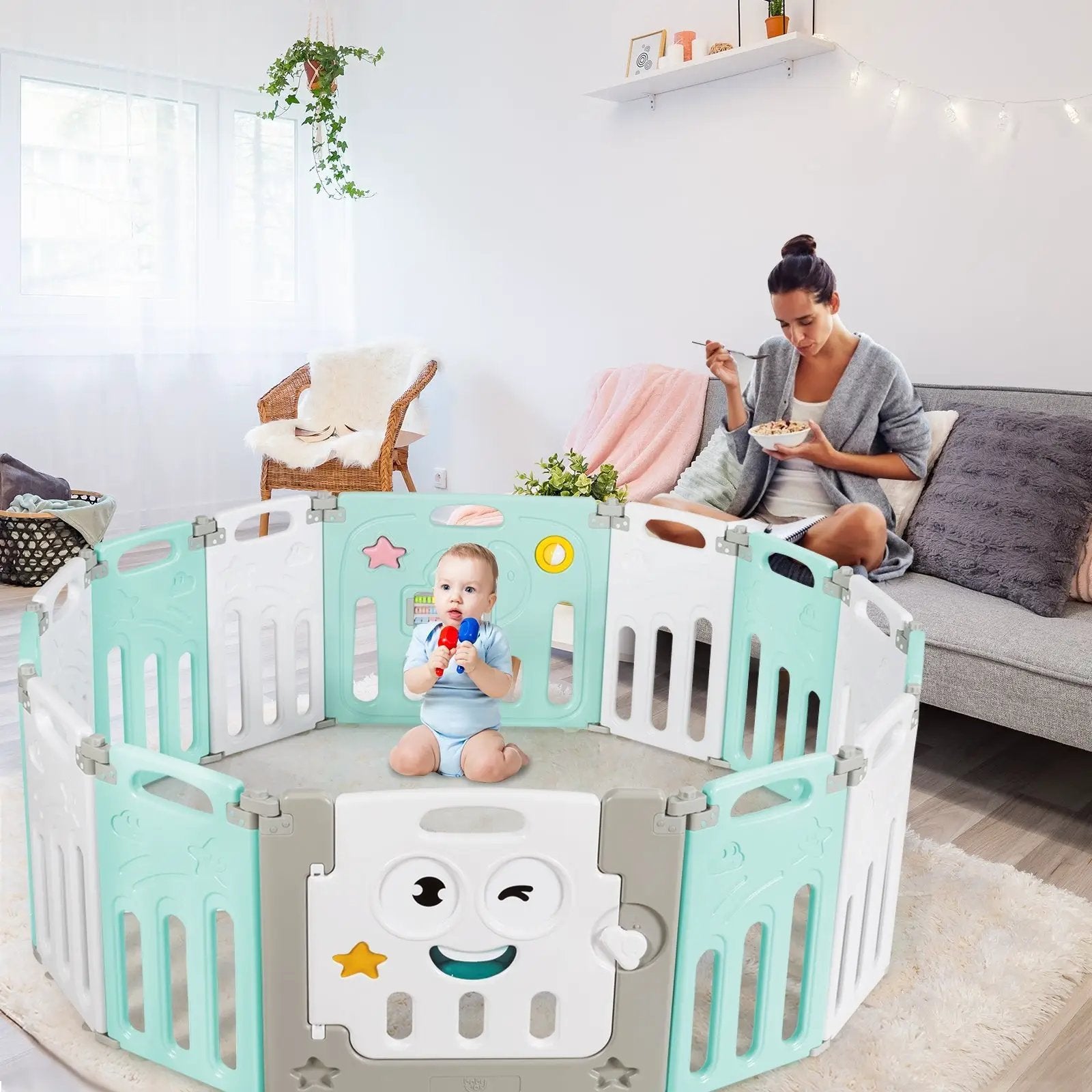 14-Panel Foldable Baby Playpen Kids Activity Centre-Green by DirectDeals