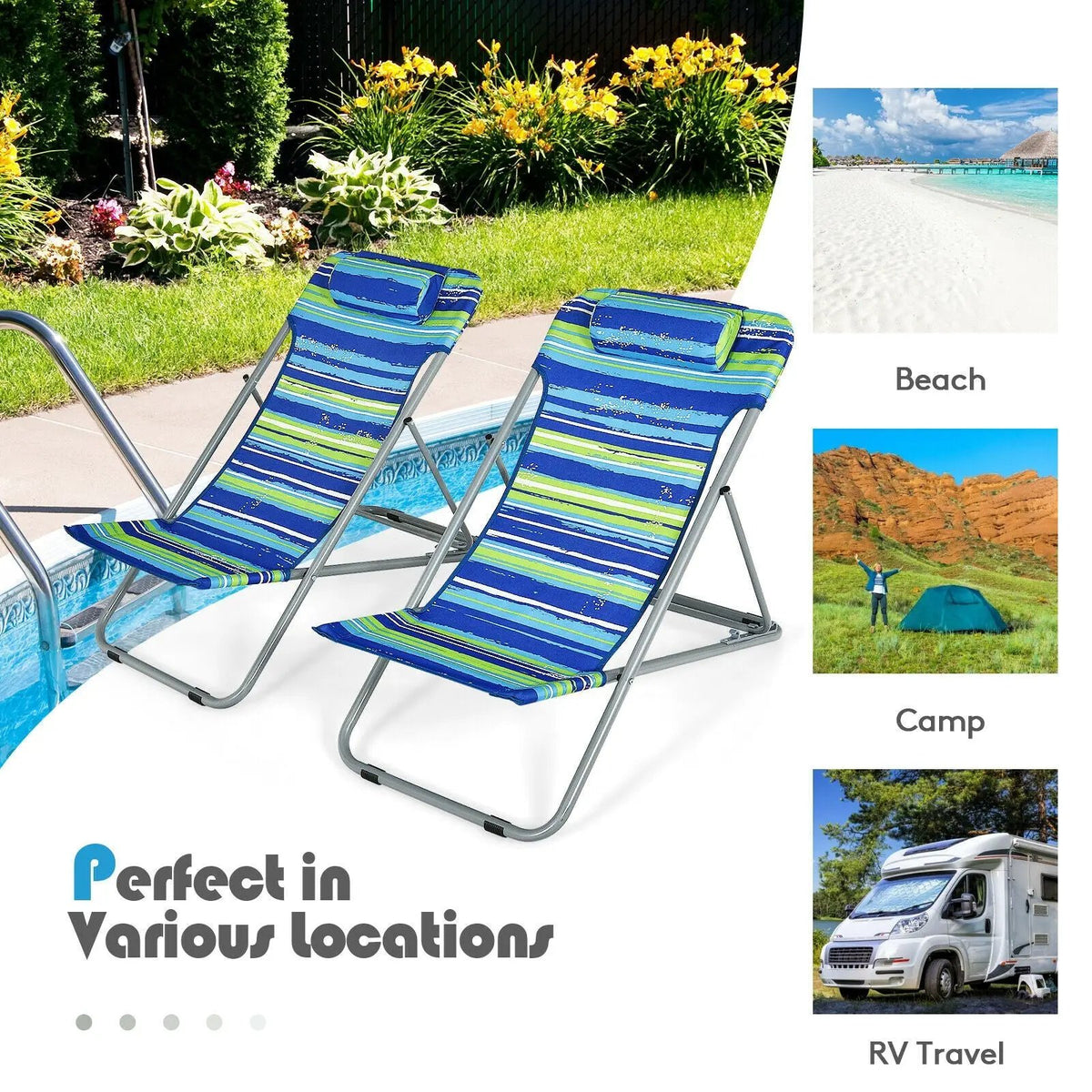 Portable Beach Chair Set of 2 with Headrest by DirectDeals