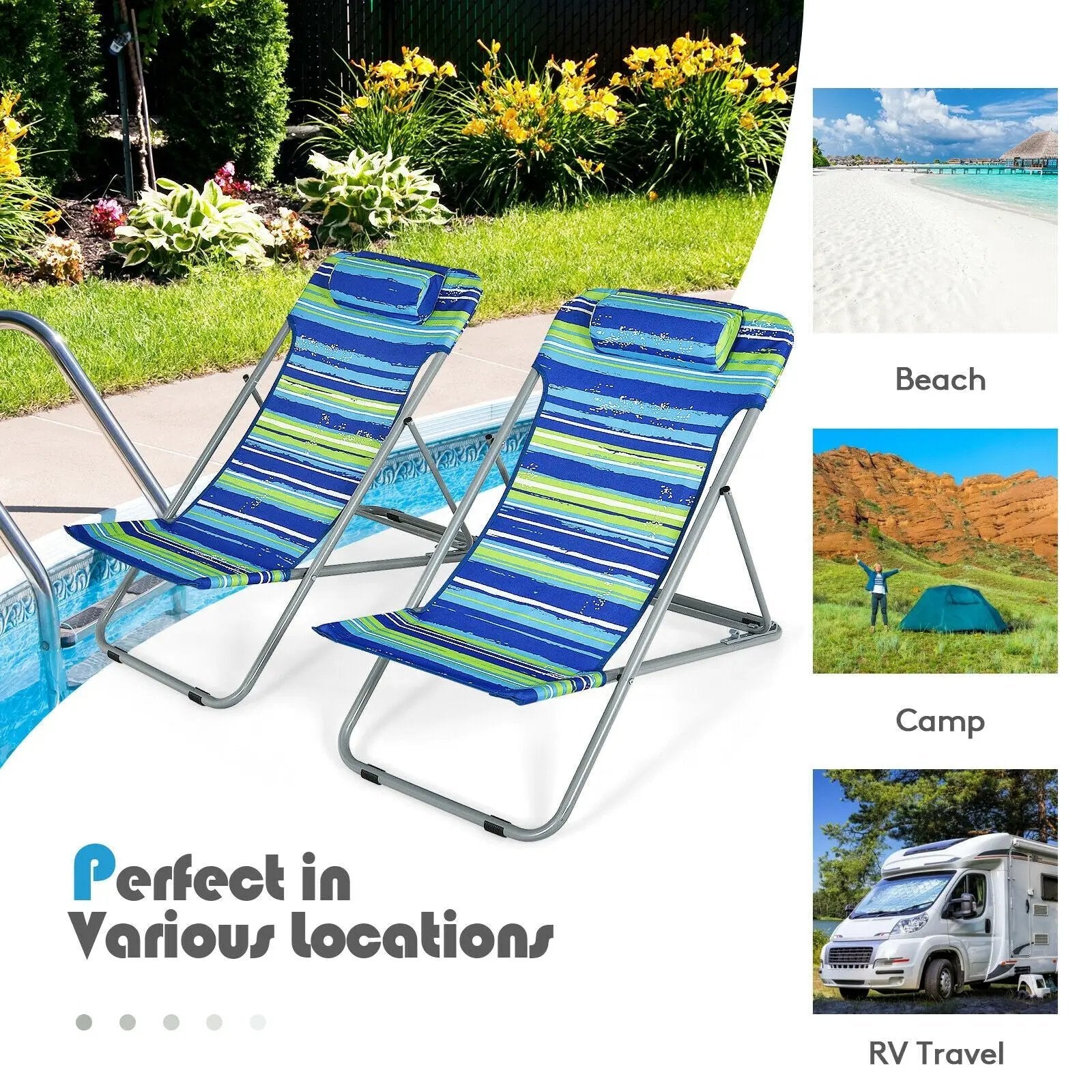 Portable Beach Chair Set of 2 with Headrest by DirectDeals
