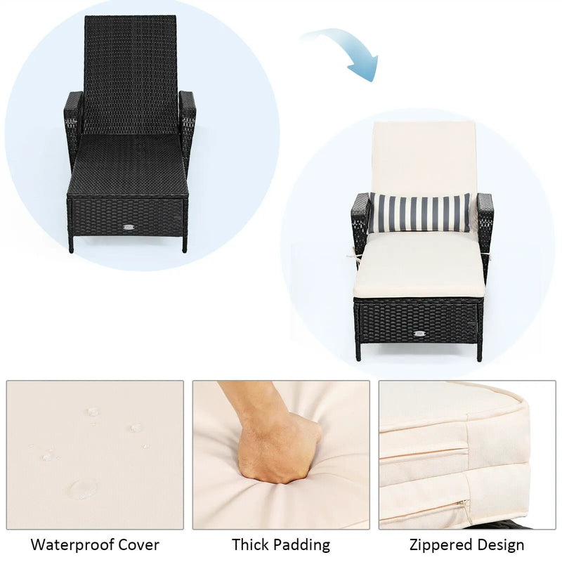 Patio Wicker Chaise Lounge Chair with Pillow and Adjustable Backrest with Cushion-Black by DirectDeals
