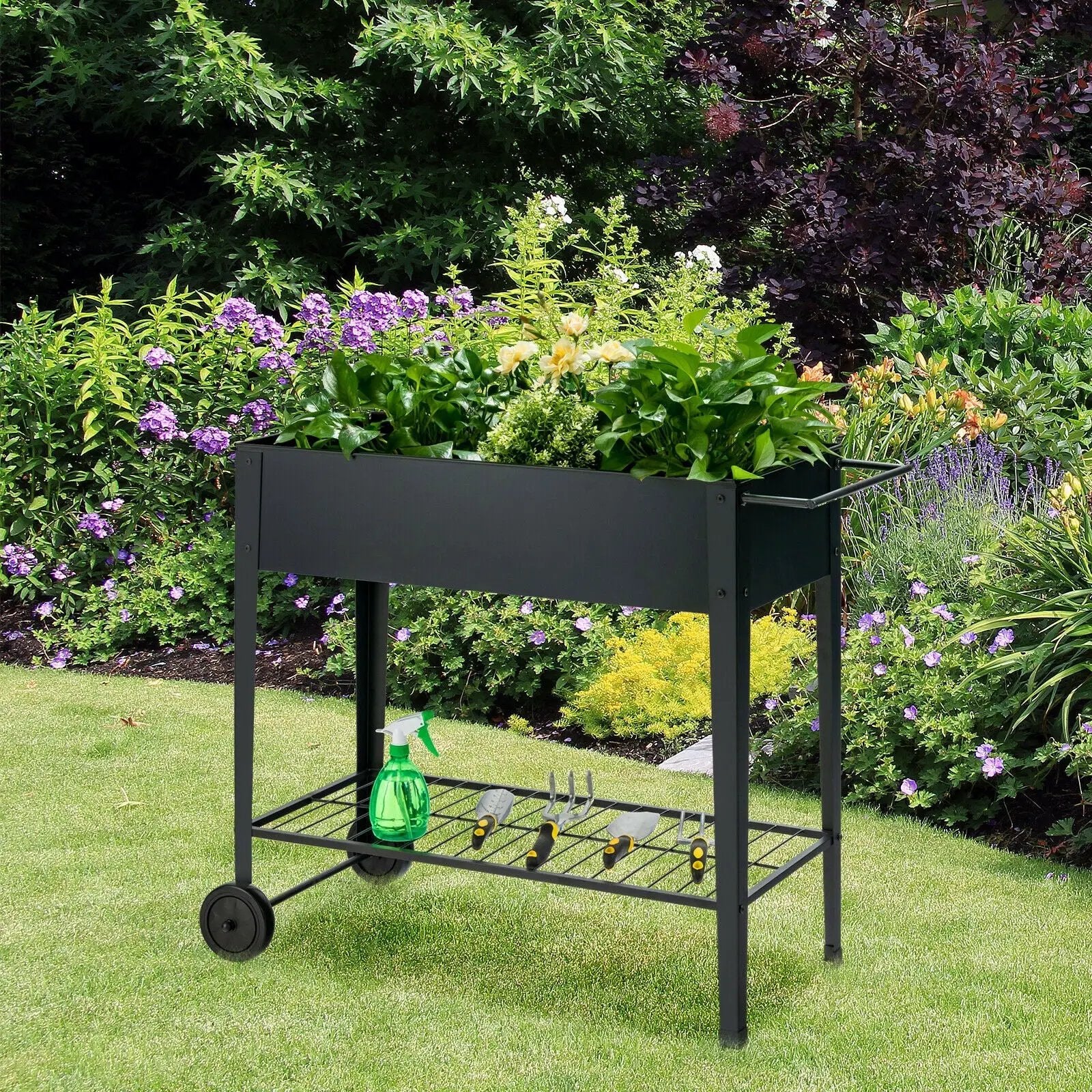 Raised Garden Bed Elevated Planter Box on Wheels Steel Planter with Shelf-Black by DirectDeals