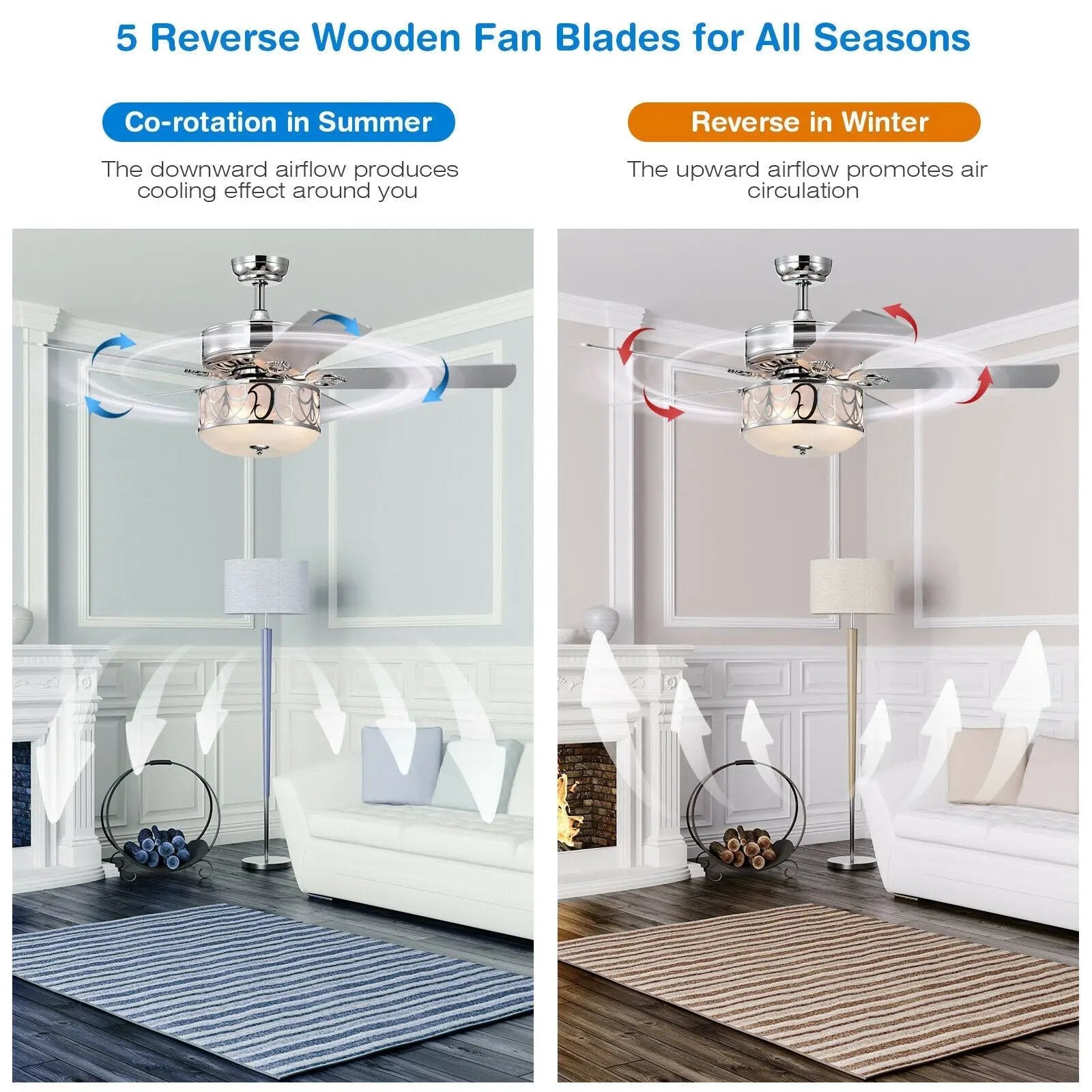 52 Inch Ceiling Fan with Light Reversible Blade and Adjustable Speed by DirectDeals