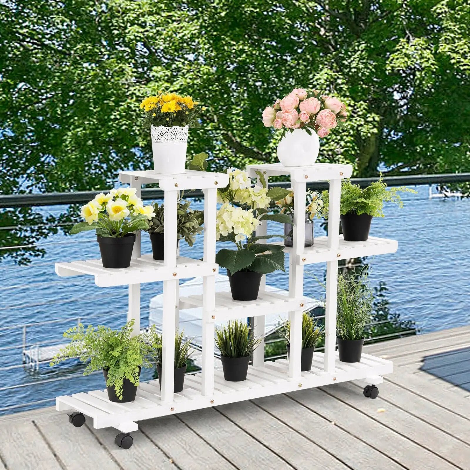 4-Tier Wood Casters Rolling Shelf Plant Stand by DirectDeals