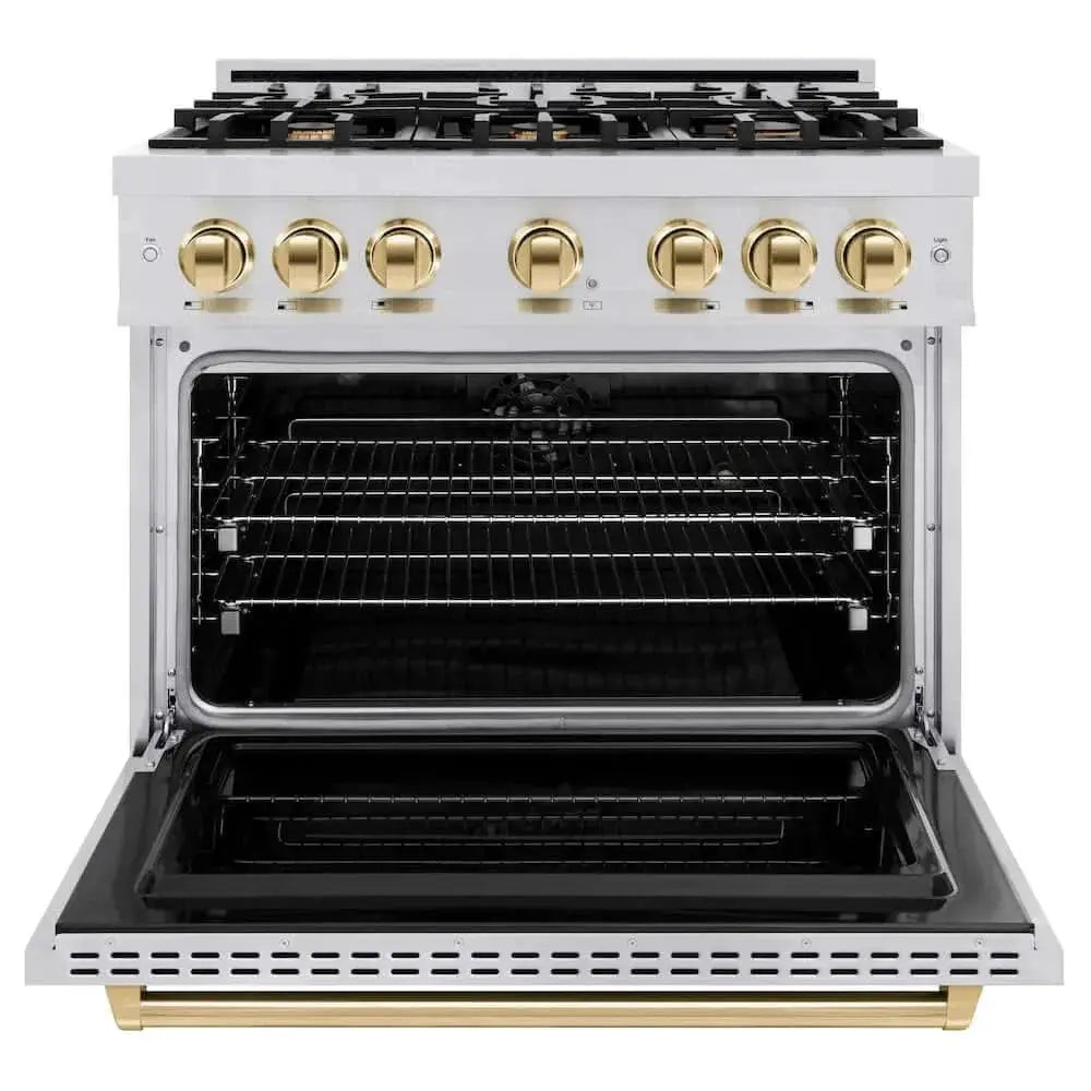 ZLINE 36" Dual Fuel Range, Gas Cooktop, Electric Convection Oven Stainless Steel, Gold CDRZ-36-G by Farmhouse Kitchen and Bath