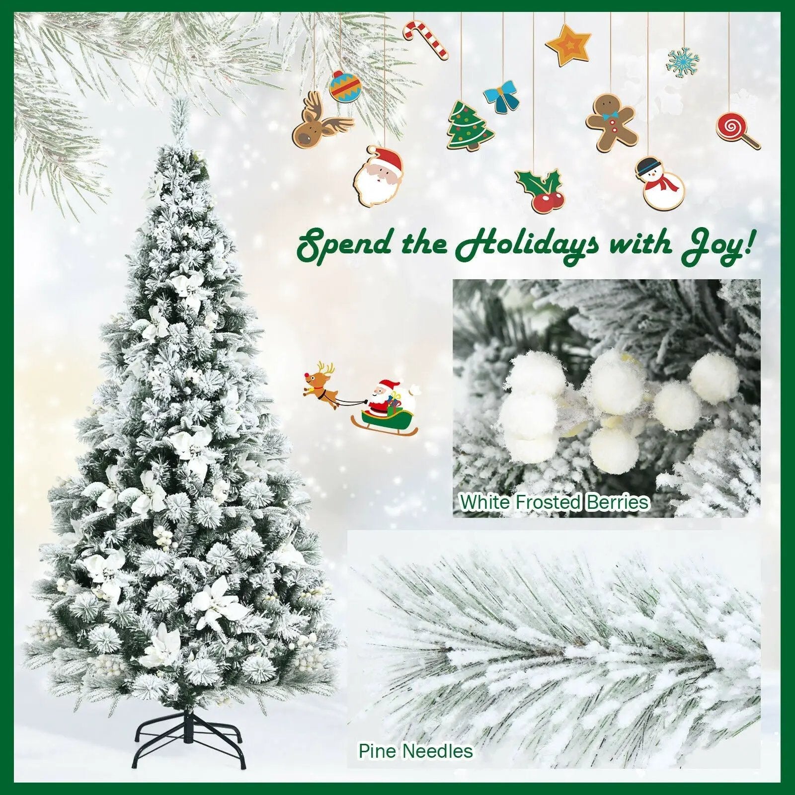 6 Feet Snow Flocked Hinged Christmas Tree with Berries and Poinsettia Flowers by DirectDeals