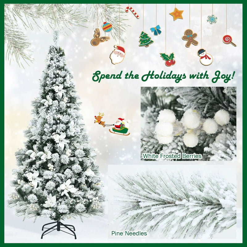 6 Feet Snow Flocked Hinged Christmas Tree with Berries and Poinsettia Flowers by DirectDeals