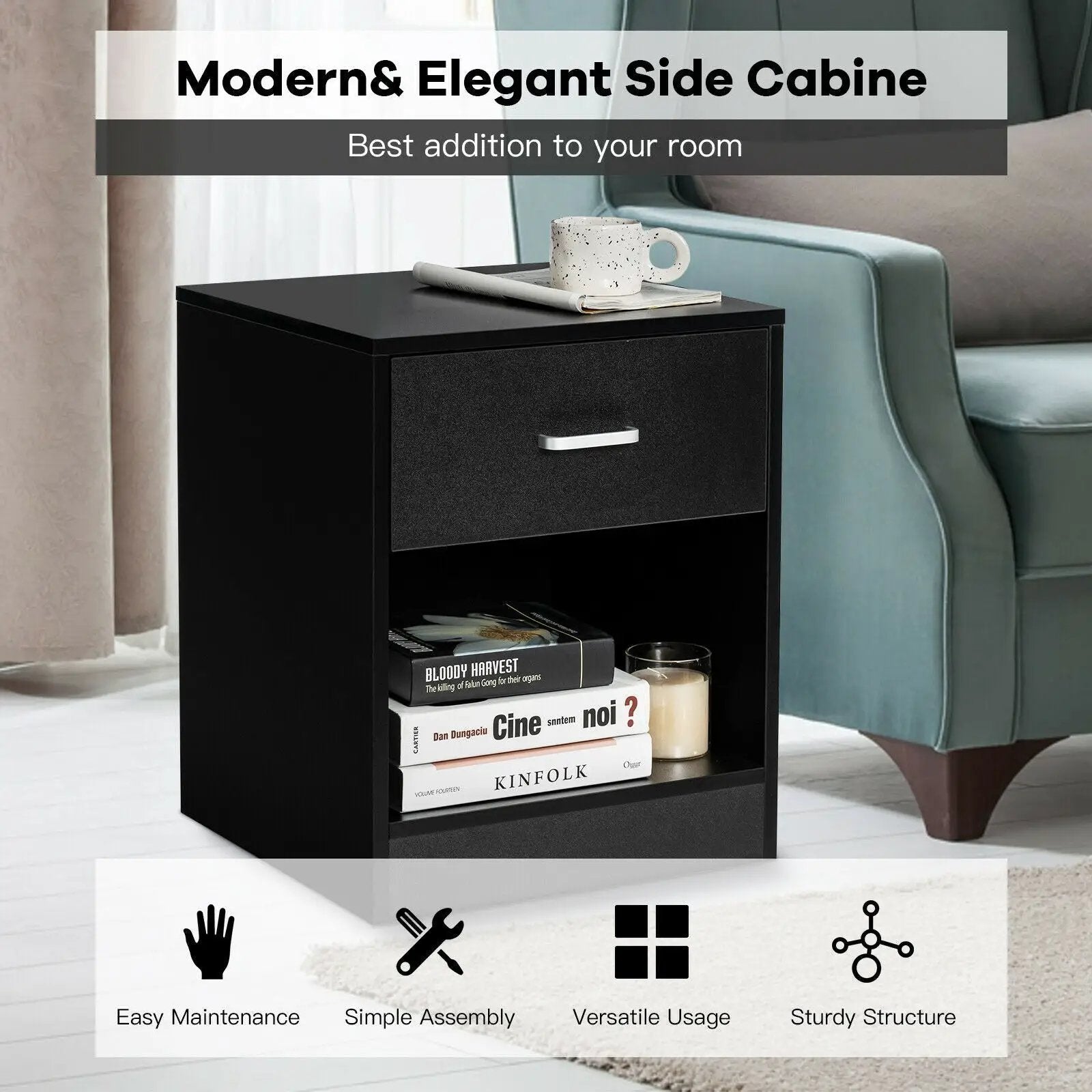 2 Pieces Nightstand with Storage Drawer and Cabinet by DirectDeals