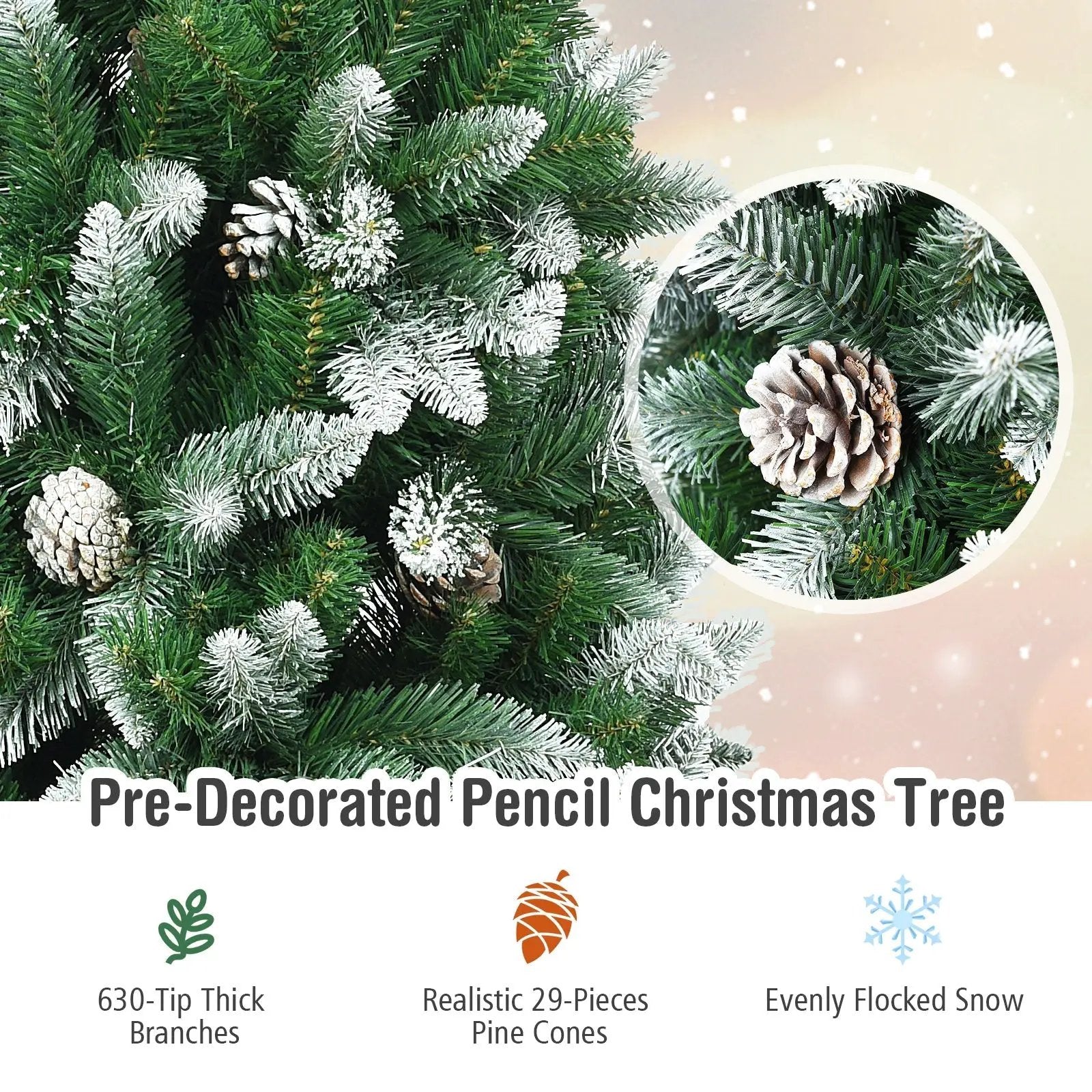 5/6/7.5 Feet Artificial Pencil Christmas Tree with Pine Cones by DirectDeals