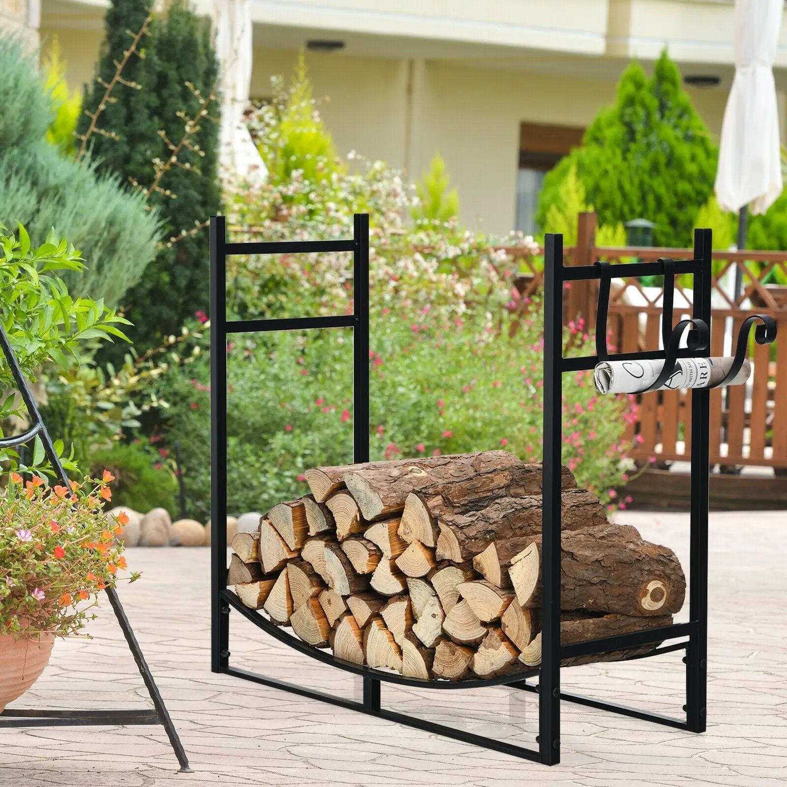33 Inch Firewood Rack with Removable Kindling Holder Steel Fireplace Wood by DirectDeals