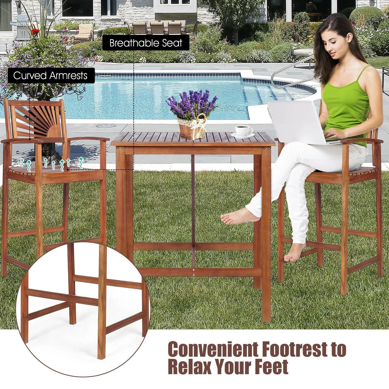 3 Pieces Acacia Wood Patio Bar Set with Sunflower Patterned Backrest by DirectDeals
