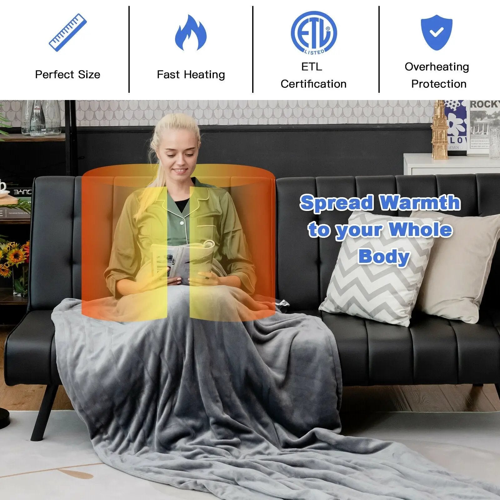 62 x 84 Inch Flannel Heated Electric Blanket with 10 Heating Levels-Gray by DirectDeals