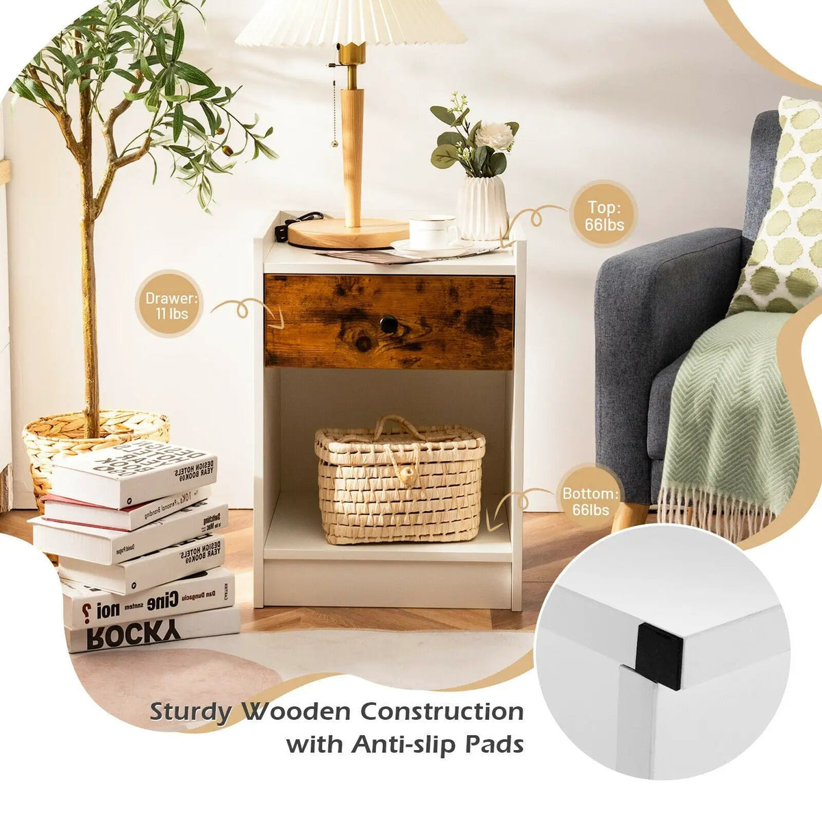Set of 2 Nightstand with Drawer Cabinet End Side Table Raised Top by DirectDeals