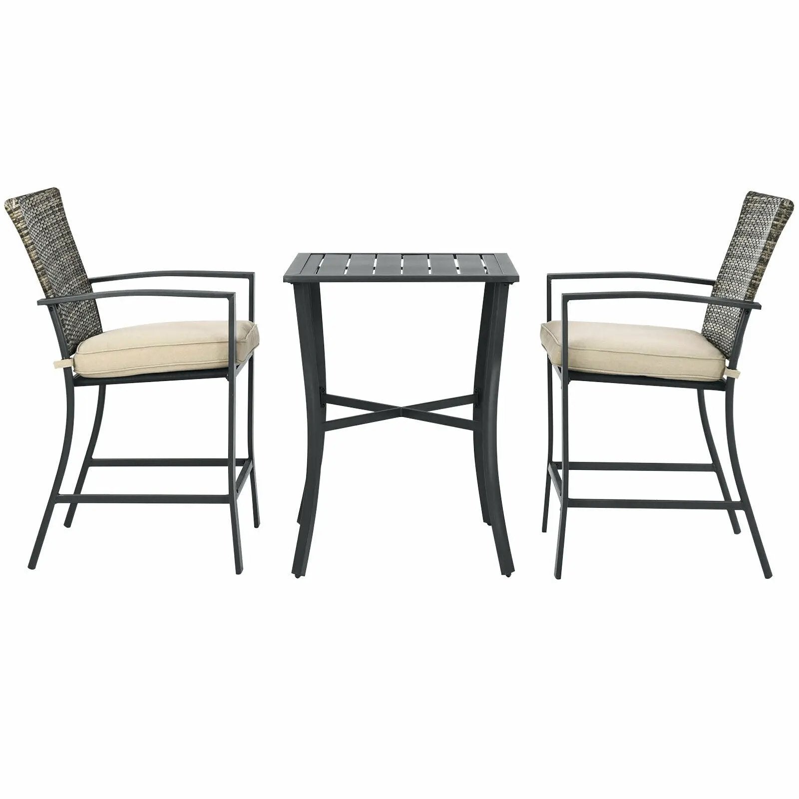3 Pieces Rattan Bar Furniture Set with Slat Table and 2 Cushioned Stools by DirectDeals