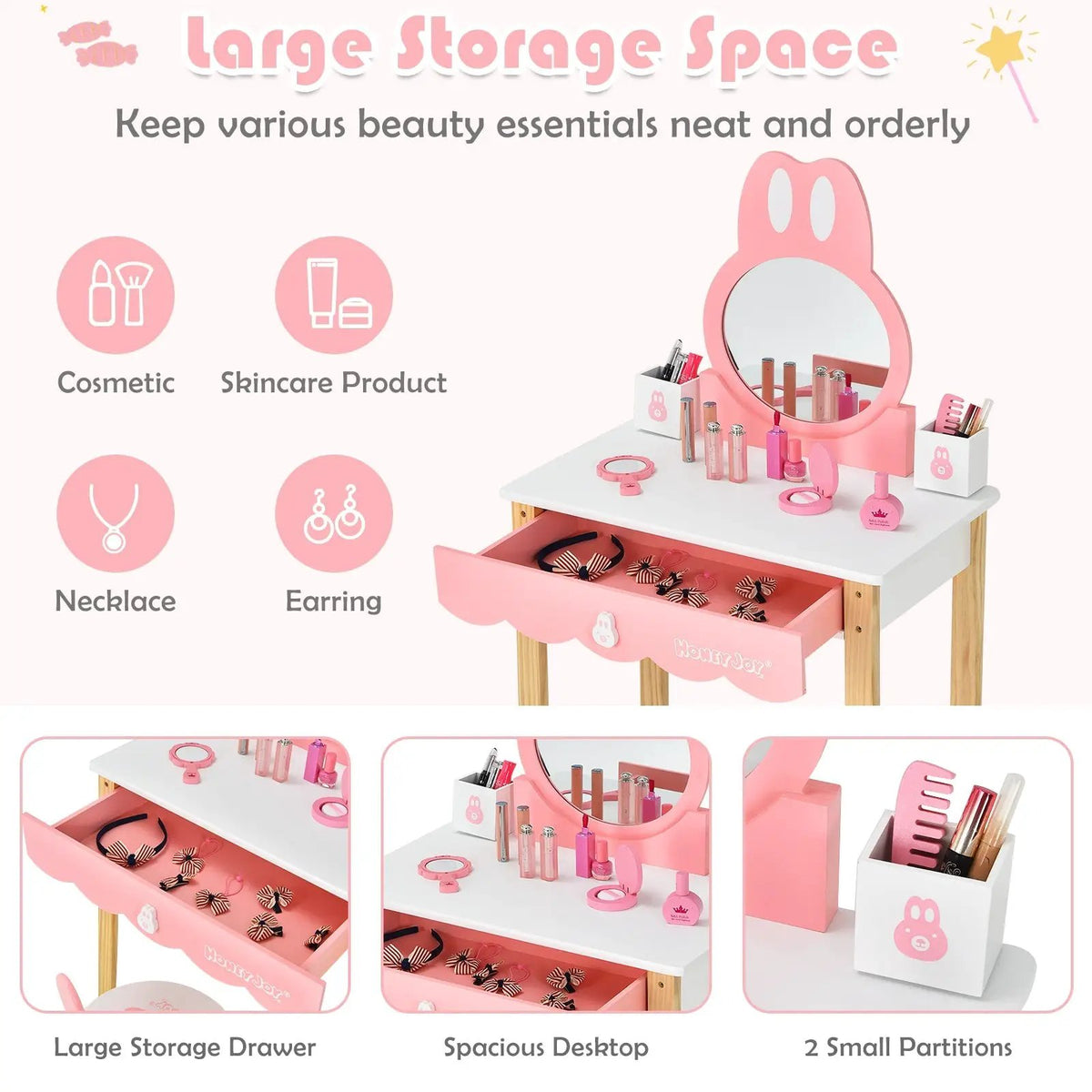 Kids Vanity Set Rabbit Makeup Dressing Table Chair Set with Mirror and Drawer by DirectDeals