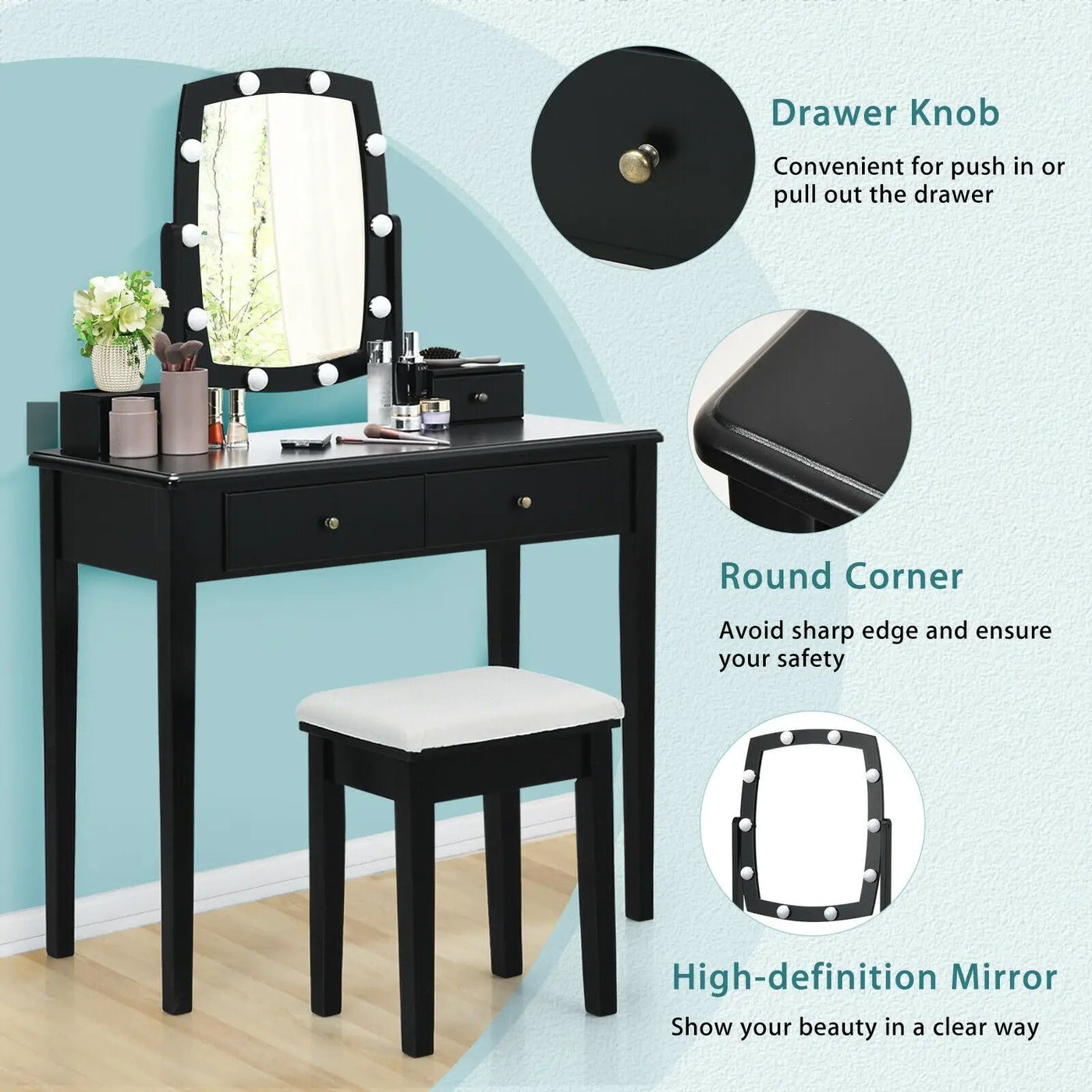 Vanity Table Set with Lighted Mirror for Bedroom and Dressing Room by DirectDeals