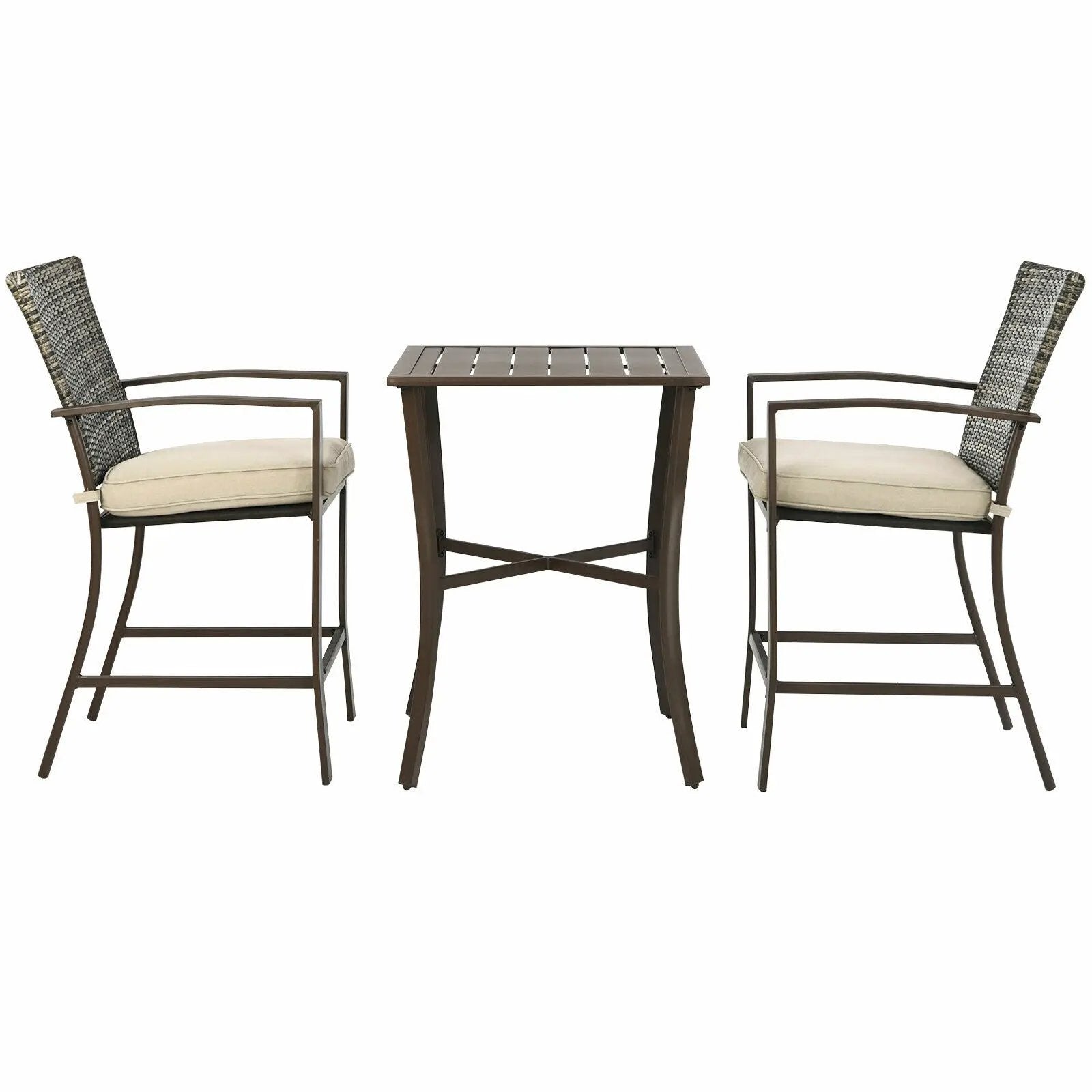 3 Pieces Rattan Bar Furniture Set with Slat Table and 2 Cushioned Stools by DirectDeals