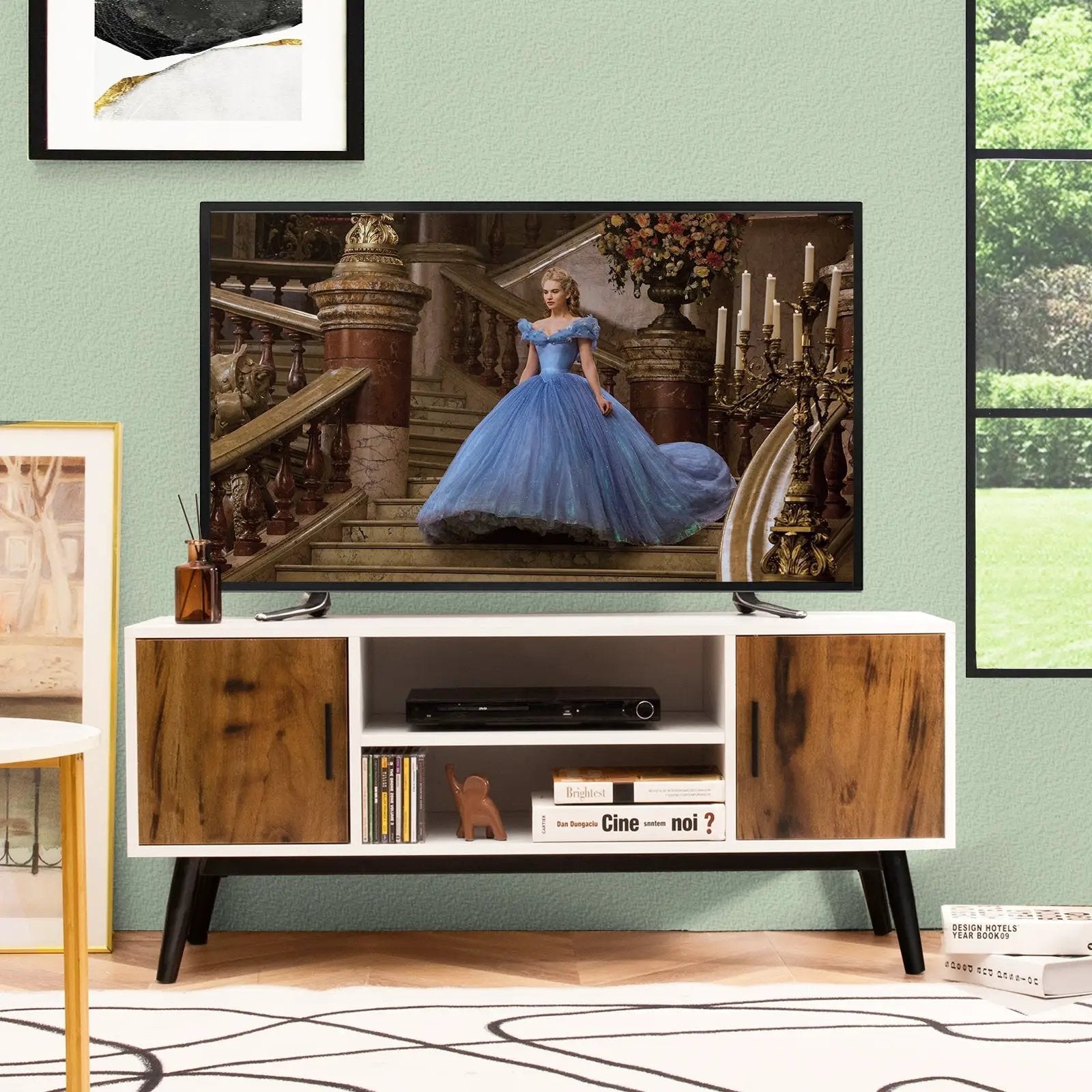 Mid-Century Wood TV Stand for 55 Inch with 2 Cabinets and Open Shelves by DirectDeals