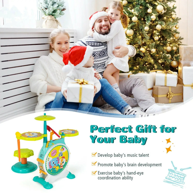 3 Pieces Electric Kids Drum Set with Microphone Stool Pedal by DirectDeals