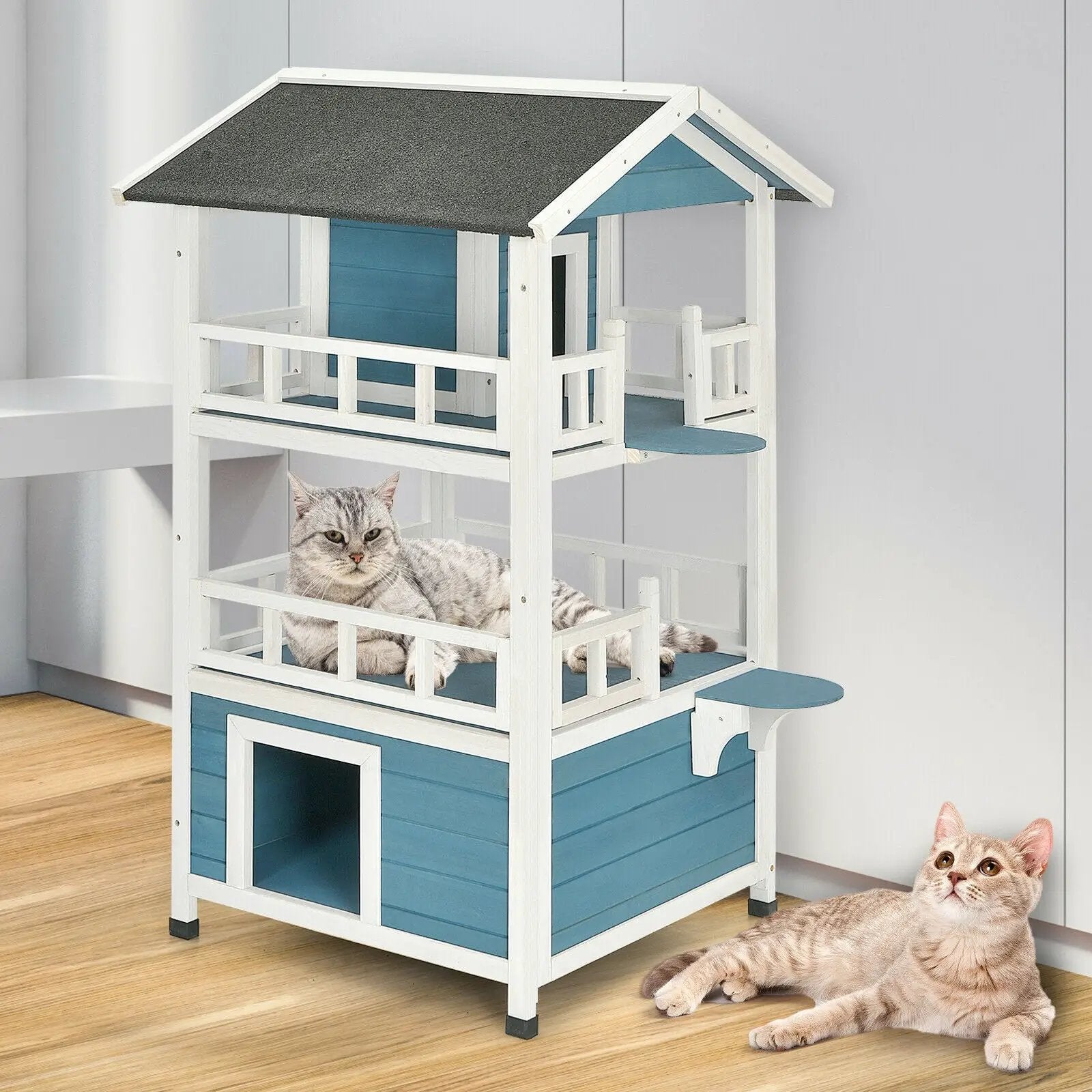 2-Story Outdoor Wooden Catio Cat House Shelter with Enclosure by DirectDeals