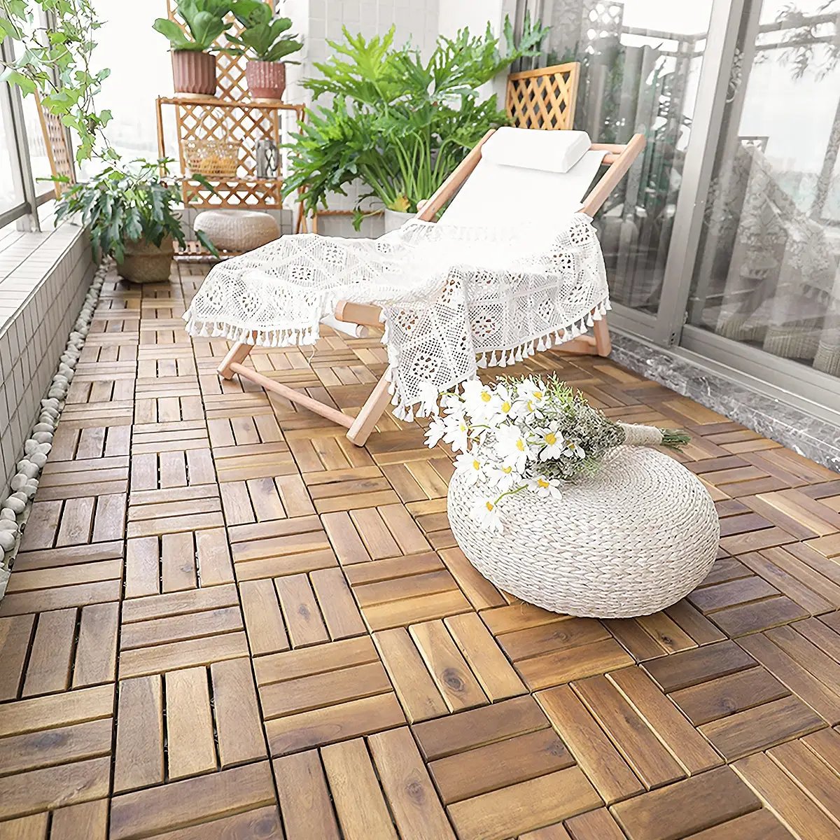 10 Pieces 12 x 12 Inch Acacia Wood Interlocking Tile Flooring by DirectDeals